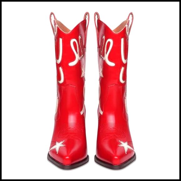 Women's Metallic Cowboy Boots Mid Calf Low Heel Pointed Toe Embroidery - Picture 5 of 7